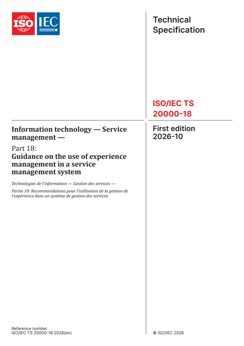 ISO/IEC TS 20000-18:2026 ISO/IEC TS 20000-18:2026 - Information technology — Service management — Part 18: Guidance on the use of experience management in a service management system - Page 1 preview