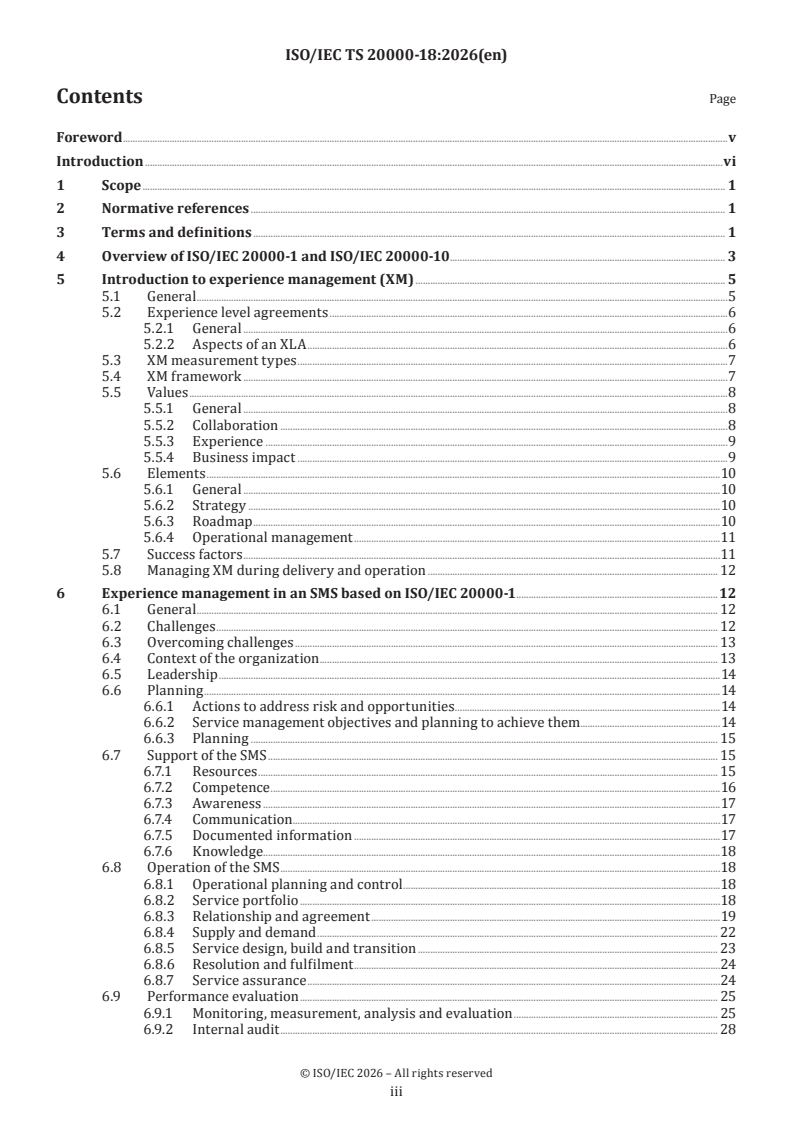 ISO/IEC TS 20000-18:2026 ISO/IEC TS 20000-18:2026 - Information technology — Service management — Part 18: Guidance on the use of experience management in a service management system - Page 3 preview