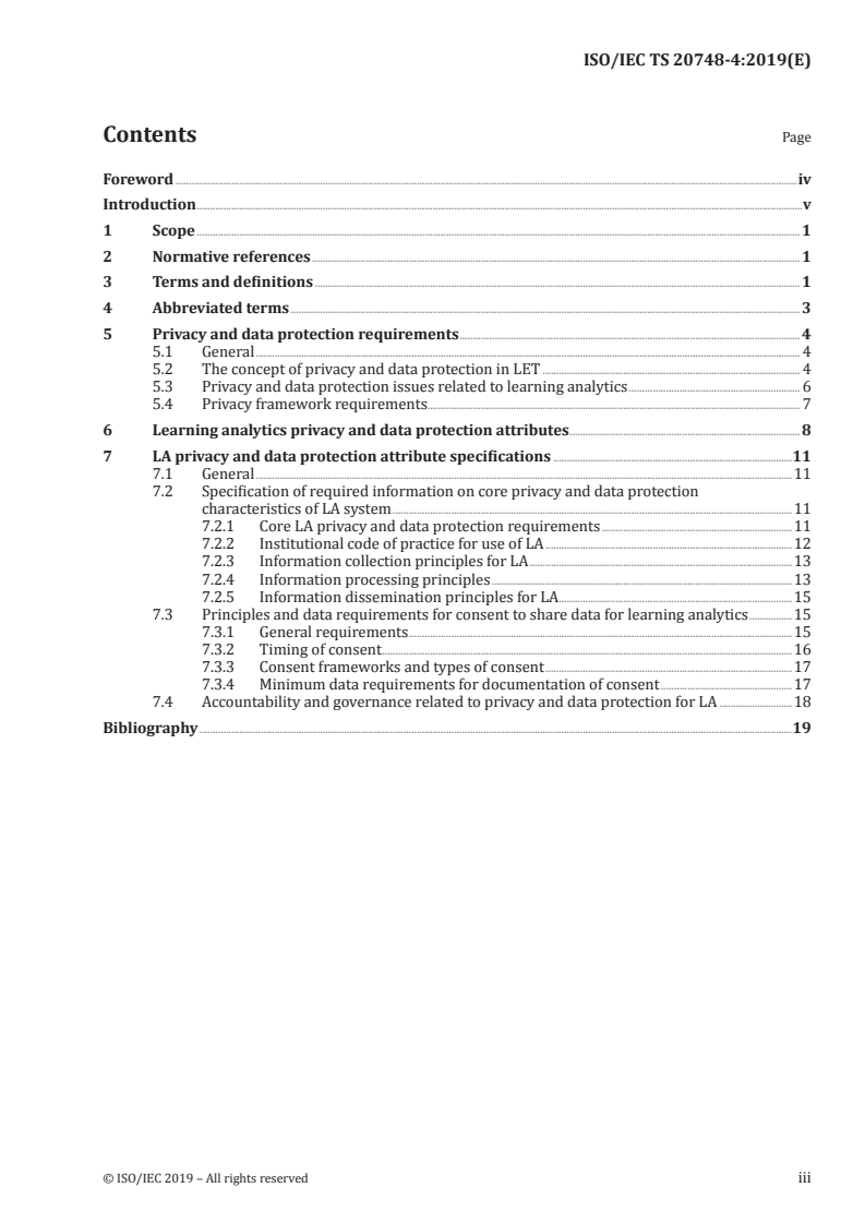 ISO/IEC TS 20748-4:2019 ISO/IEC TS 20748-4:2019 - Information technology for learning, education and training — Learning analytics interoperability — Part 4: Privacy and data protection policies/2/2019 - Page 3 preview