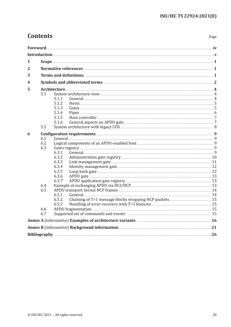 ISO/IEC TS 22924:2021 ISO/IEC TS 22924:2021 - Identification cards — Transport layer topologies — Configuration for HCI/HCP interchange/27/2021 - Page 3 preview