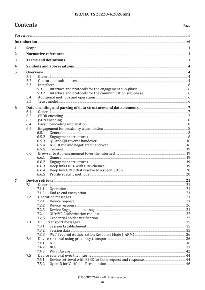 ISO/IEC TS 23220-4:2026 ISO/IEC TS 23220-4:2026 - Cards and security devices for personal identification — Building blocks for identity management via mobile devices — Part 4: Protocols and services for operational phase - Page 3 preview