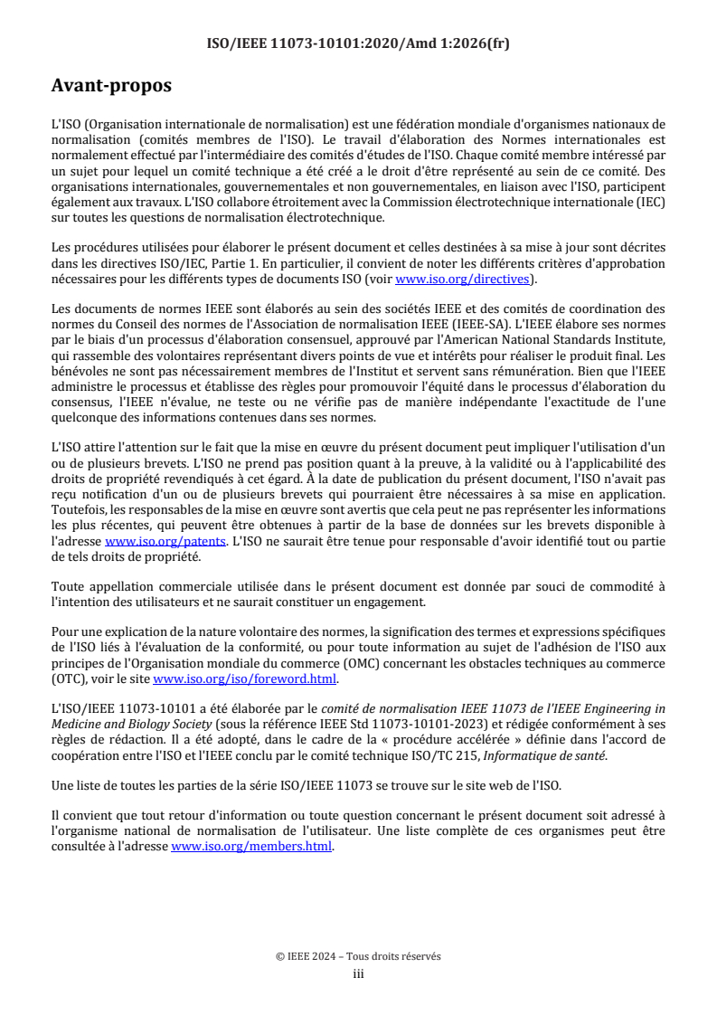 ISO/IEEE 11073-10101:2020/Amd 1:2026 ISO/IEEE 11073-10101:2020/Amd 1:2026 - Informatique de santé — Interopérabilité des dispositifs — Partie 10101: Communication entre dispositifs médicaux sur le site des soins — Nomenclature — Amendement 1: Définitions supplémentaires - Page 3 preview