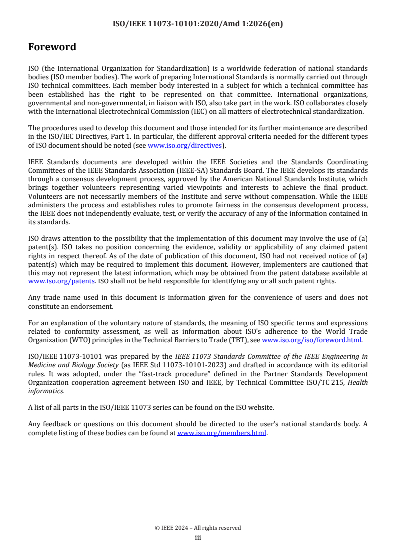 ISO/IEEE 11073-10101:2020/Amd 1:2026 ISO/IEEE 11073-10101:2020/Amd 1:2026 - Health informatics — Device interoperability — Part 10101: Point-of-care medical device communication — Nomenclature — Amendment 1: Additional definitions - Page 3 preview