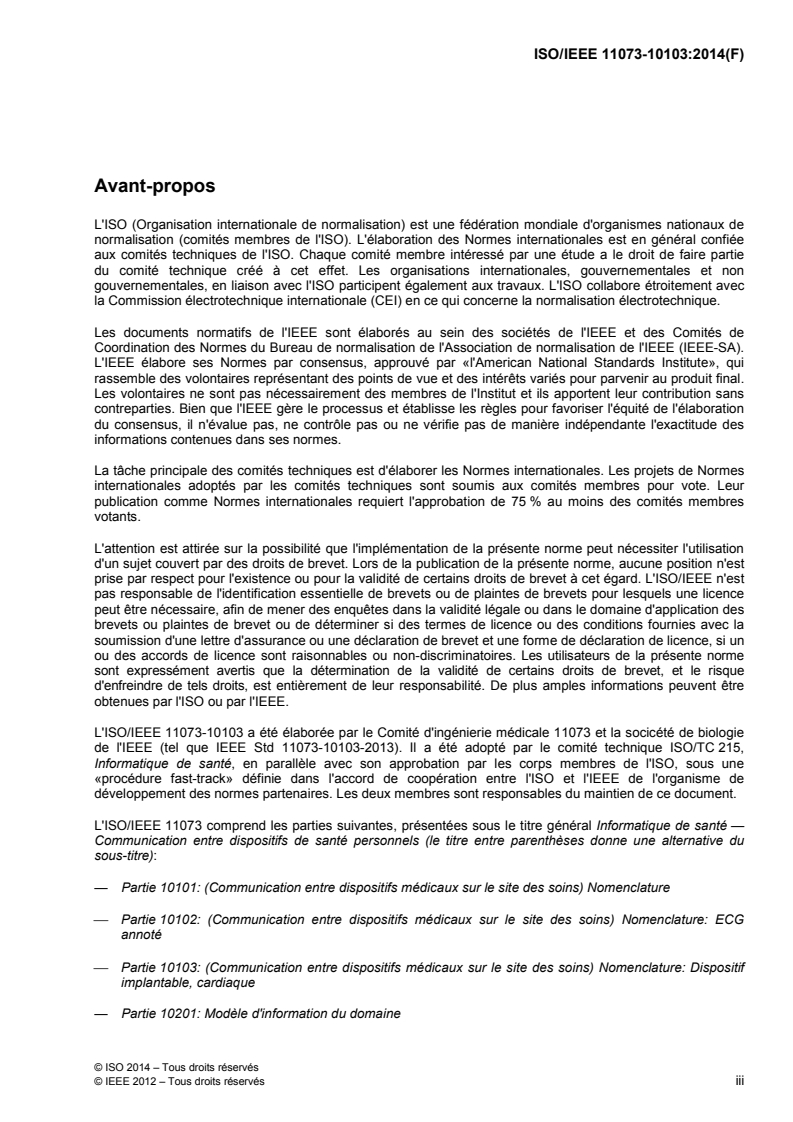 ISO/IEEE 11073-10103:2014 ISO/IEEE 11073-10103:2014 - Informatique de santé — Communication entre dispositifs médicaux sur le site des soins — Partie 10103: Nomenclature — Dispositif implantable, cardiaque/8/2014 - Page 3 preview