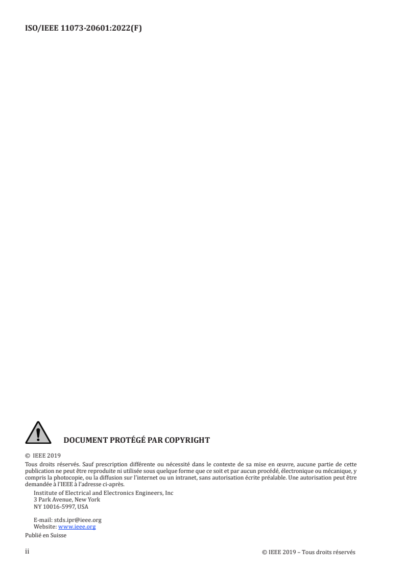 ISO/IEEE 11073-20601:2022 ISO/IEEE 11073-20601:2022 - Informatique de santé —Interopérabilité des dispositifs — Partie 20601: Communication entre dispositifs de santé personnels — Profil d'application — Protocole d'échange optimisé
Released:3/15/2023 - Page 2 preview