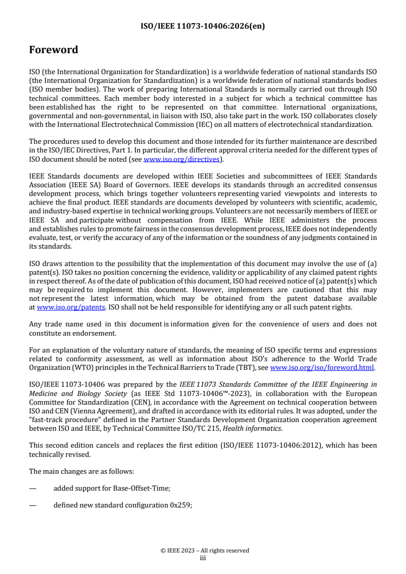 ISO/IEEE FDIS 11073-10406 ISO/IEEE FDIS 11073-10406 - Health Informatics — Device Interoperability — Part 10406: Personal health device communication, device specialization, basic electrocardiograph (ECG) (1- to 3-lead ECG) - Page 3 preview
