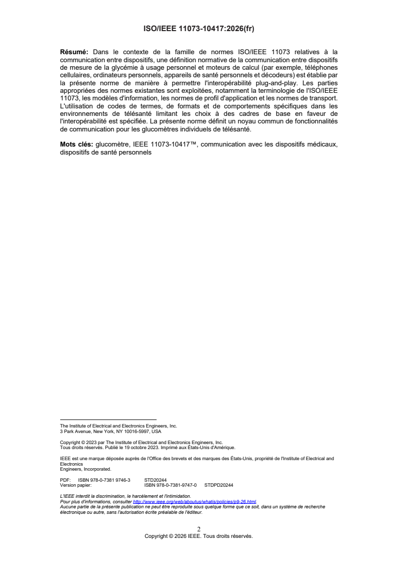 ISO/IEEE FDIS 11073-10417 ISO/IEEE FDIS 11073-10417 - Informatique de santé — Interopérabilité des dispositifs — Partie 10417: Communication entre dispositifs de santé personnels, spécialisation des dispositifs, glucomètre - Page 3 preview