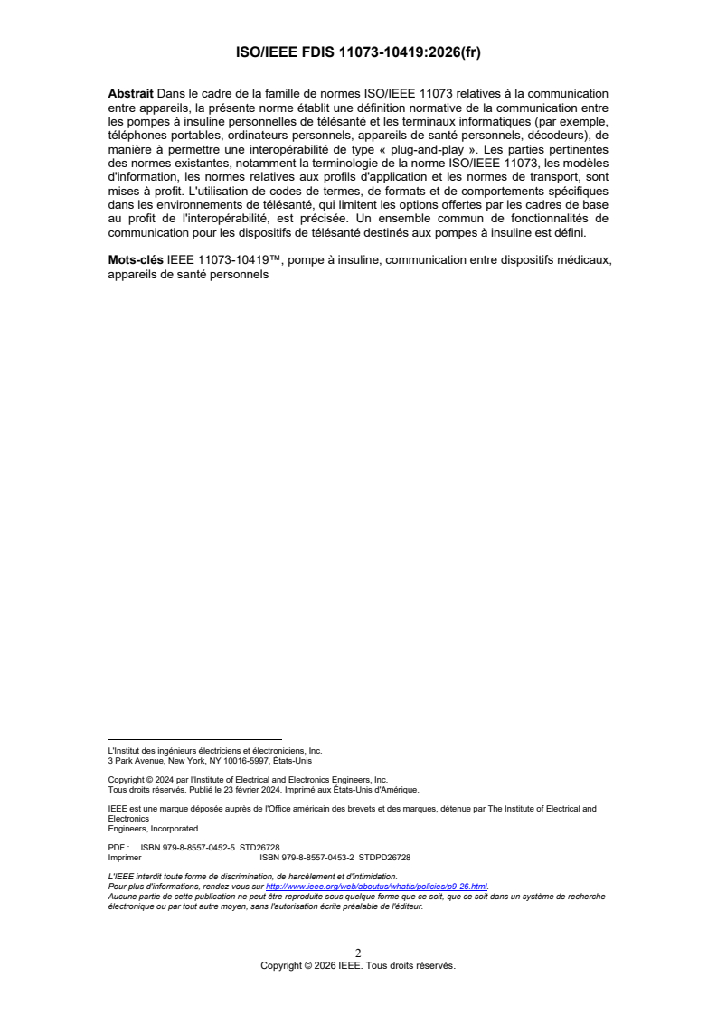 ISO/IEEE FDIS 11073-10419 ISO/IEEE FDIS 11073-10419 - Informatique de santé — Interopérabilité des dispositifs — Partie 10419: Communication entre dispositifs de santé personnels, spécialisation des dispositifs, pompe à insuline - Page 3 preview