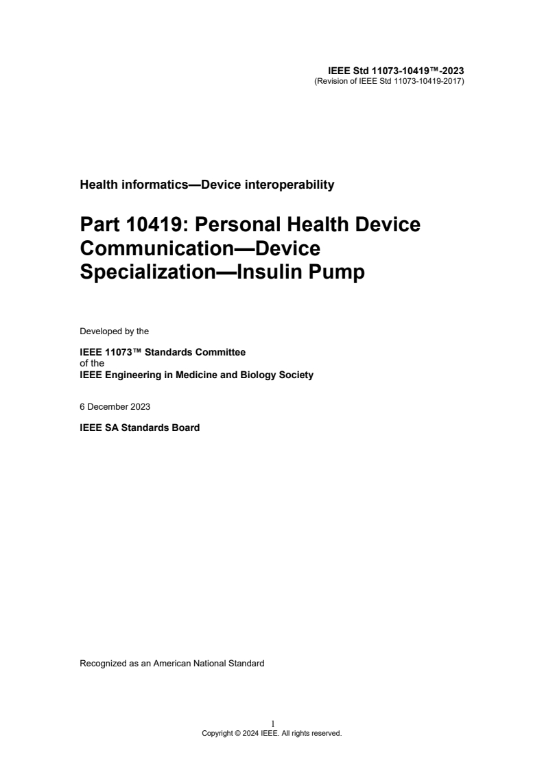 ISO/IEEE FDIS 11073-10419 ISO/IEEE FDIS 11073-10419 - Health informatics — Device interoperability — Part 10419: Personal health device communication, device specialization, insulin pump - Page 4 preview
