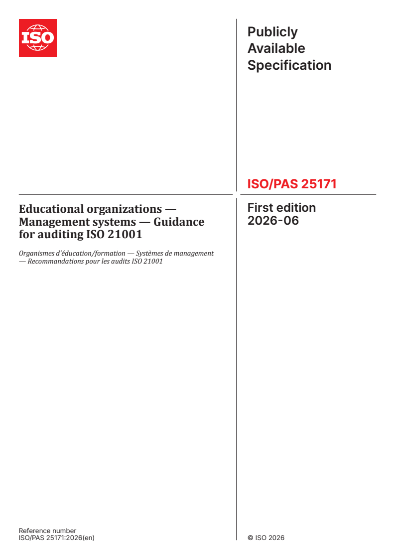 ISO/PAS 25171:2026 ISO/PAS 25171:2026 - Educational organizations — Management systems — Guidance for auditing ISO 21001 - Page 1 preview
