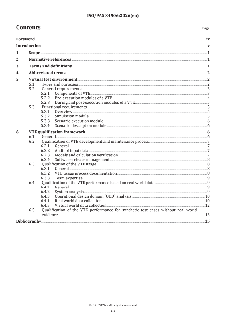 ISO/PAS 34506:2026 ISO/PAS 34506:2026 - Road vehicles — Test scenarios for automated driving systems — Qualification of virtual test environments - Page 3 preview