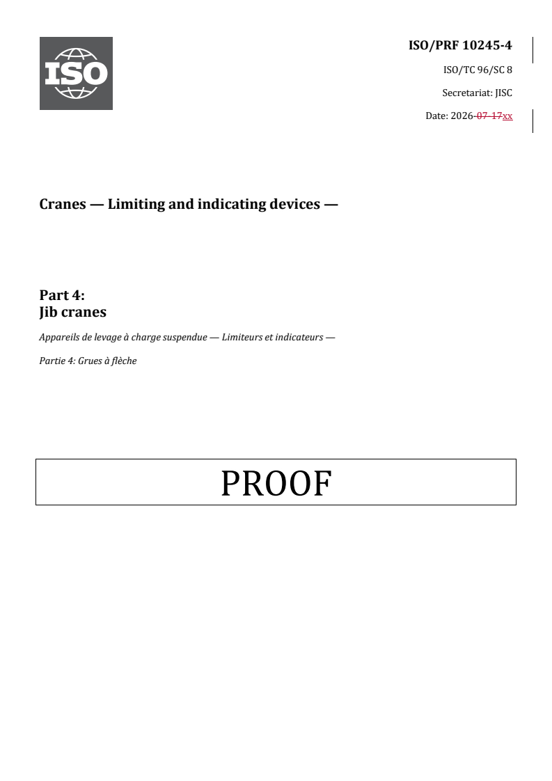 ISO/PRF 10245-4 REDLINE ISO/PRF 10245-4 - Cranes — Limiting and indicating devices — Part 4: Jib cranes - Page 1 preview