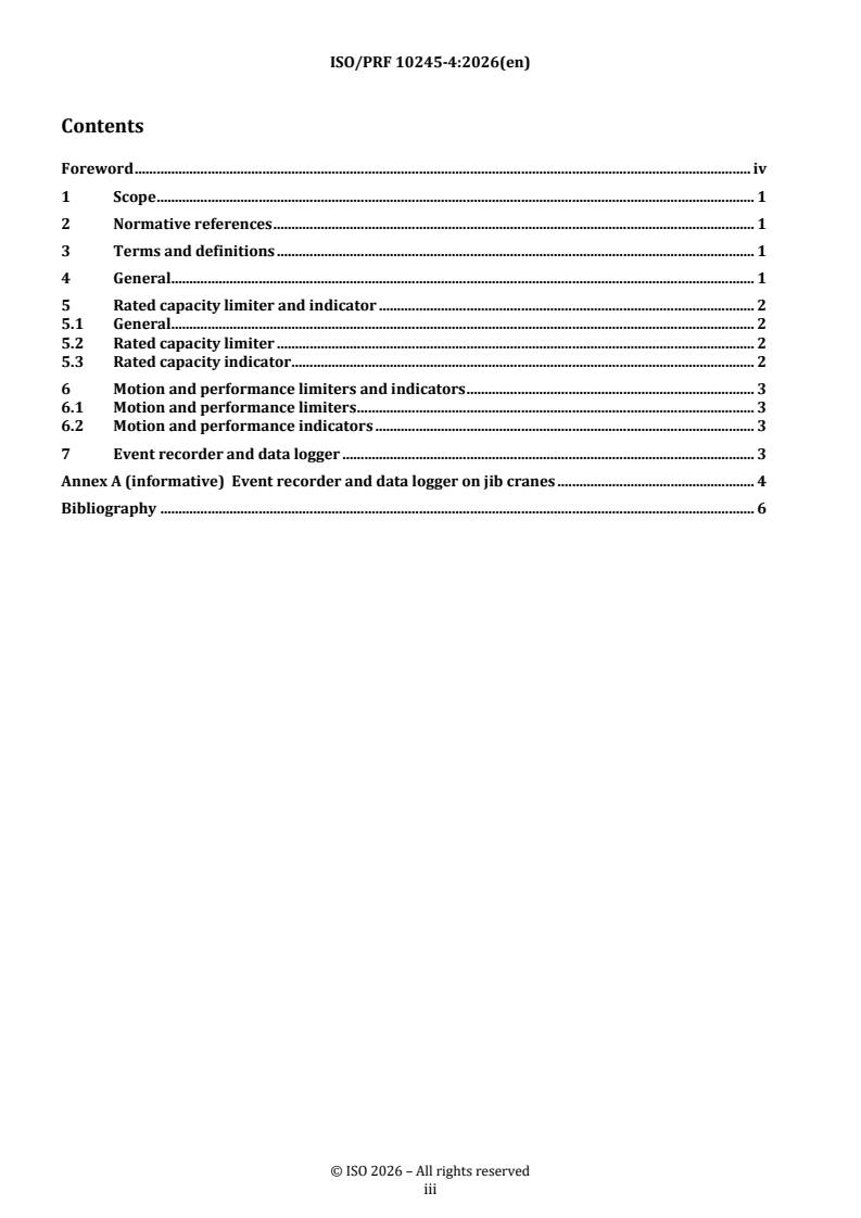 ISO/PRF 10245-4 REDLINE ISO/PRF 10245-4 - Cranes — Limiting and indicating devices — Part 4: Jib cranes - Page 3 preview