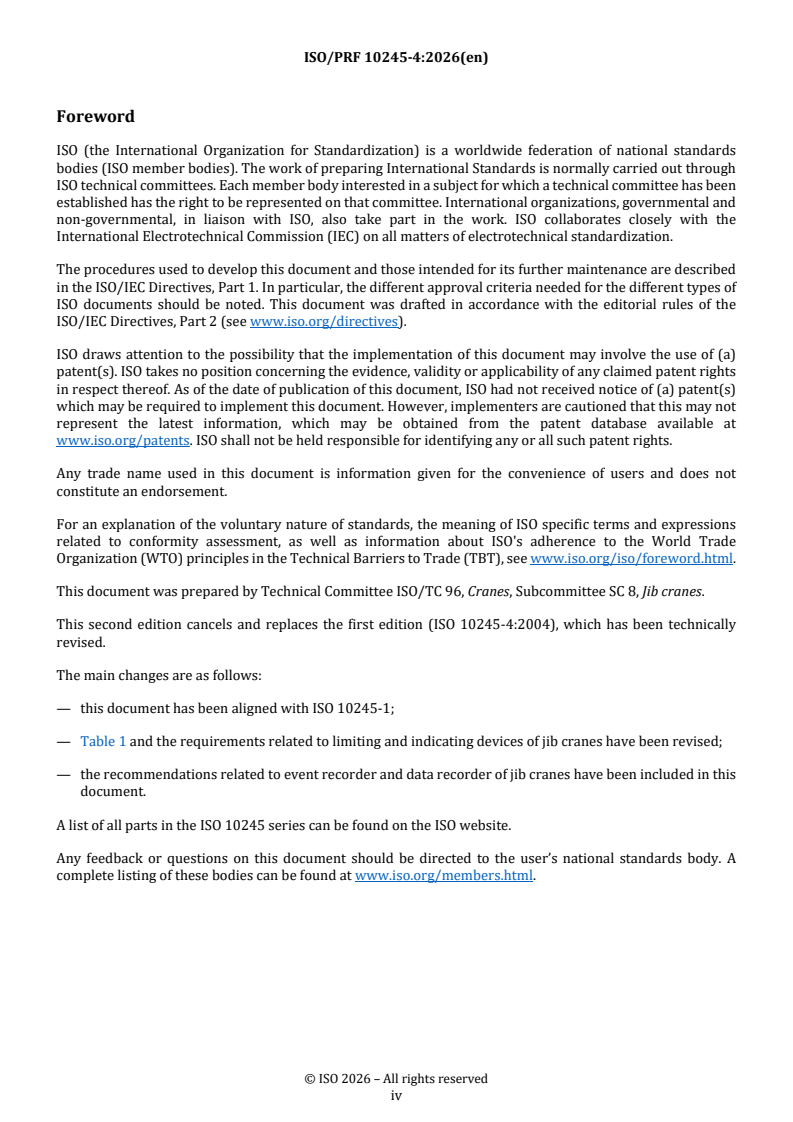 ISO/PRF 10245-4 REDLINE ISO/PRF 10245-4 - Cranes — Limiting and indicating devices — Part 4: Jib cranes - Page 4 preview