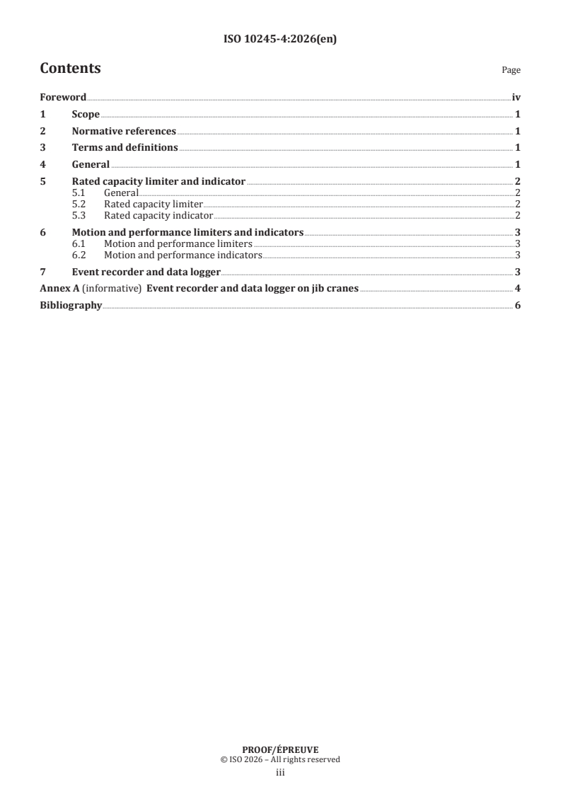 ISO/PRF 10245-4 ISO/PRF 10245-4 - Cranes — Limiting and indicating devices — Part 4: Jib cranes - Page 3 preview