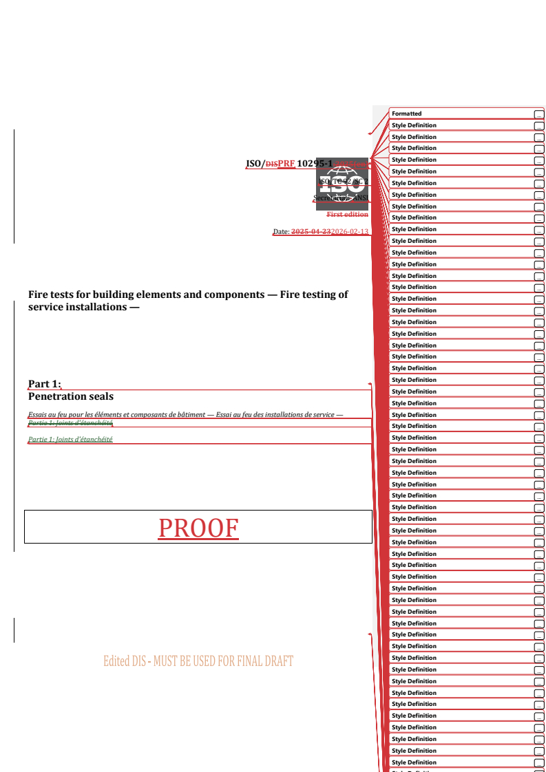 ISO/PRF 10295-1 REDLINE ISO/PRF 10295-1 - Fire tests for building elements and components — Fire testing of service installations — Part 1: Penetration seals/13/2026 - Page 1 preview