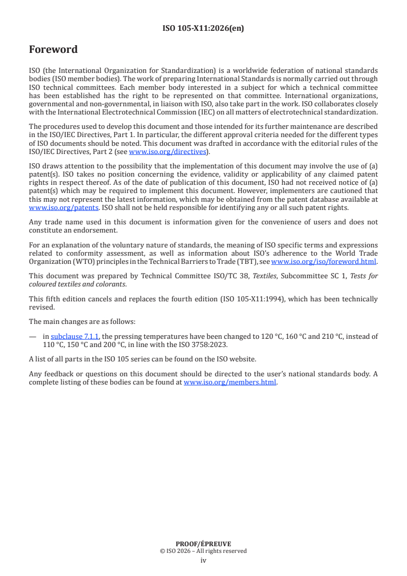 ISO/PRF 105-X11 ISO/PRF 105-X11 - Textiles — Tests for colour fastness — Part X11: Colour fastness to hot pressing - Page 4 preview