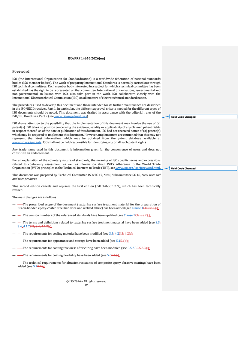 ISO/PRF 14656 REDLINE ISO/PRF 14656 - Steel — Epoxy powder and sealing material for the coating of steel for the reinforcement of concrete - Page 4 preview