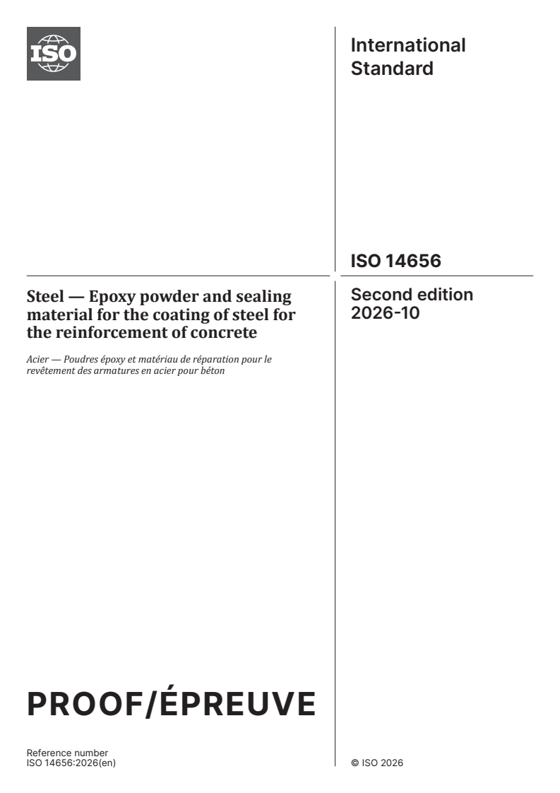 ISO/PRF 14656 ISO/PRF 14656 - Steel — Epoxy powder and sealing material for the coating of steel for the reinforcement of concrete - Page 1 preview
