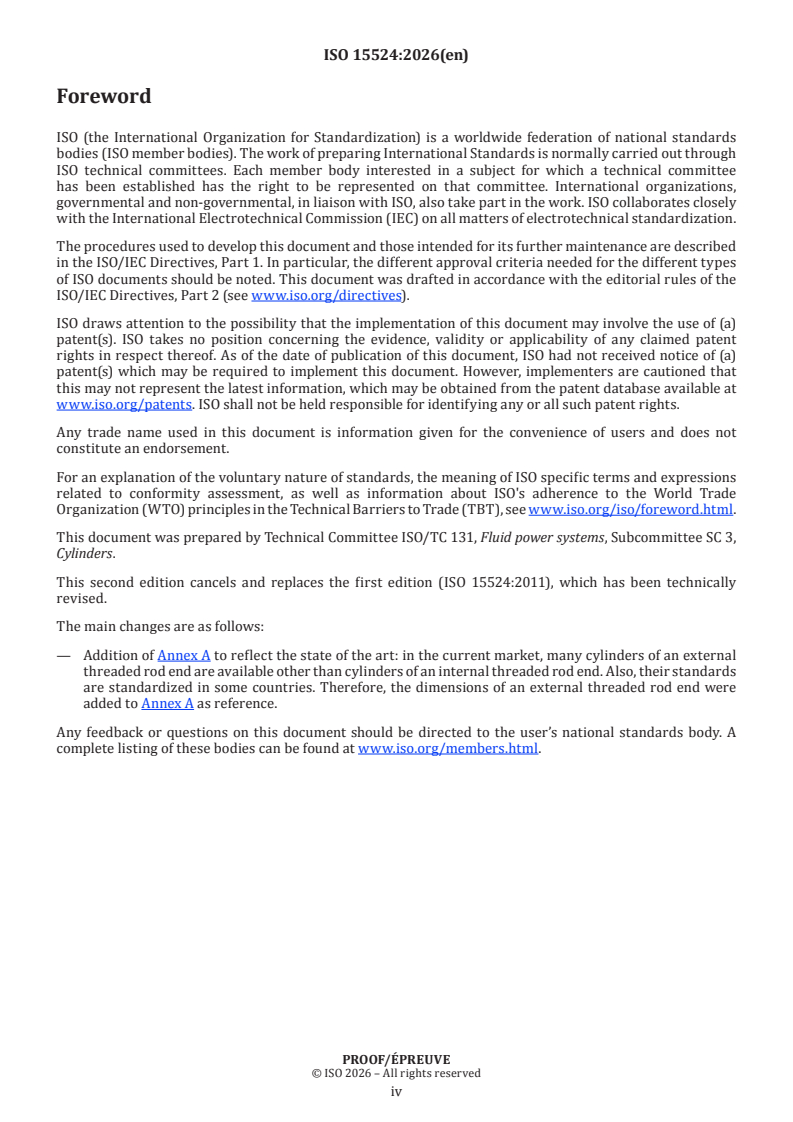 ISO 15524 ISO/PRF 15524 - Pneumatic fluid power — Cylinders — Single-rod short-stroke cylinders, 1 000 kPa (10 bar) series, bores from 20 mm to 100 mm - Page 4 preview