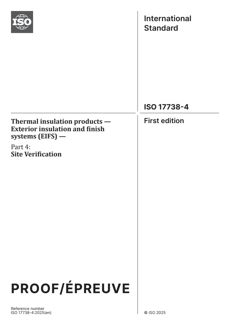 ISO/PRF 17738-4 - Thermal insulation products — Exterior insulation and finish systems (EIFS) — Part 4: Site Verification
Released:11/25/2025