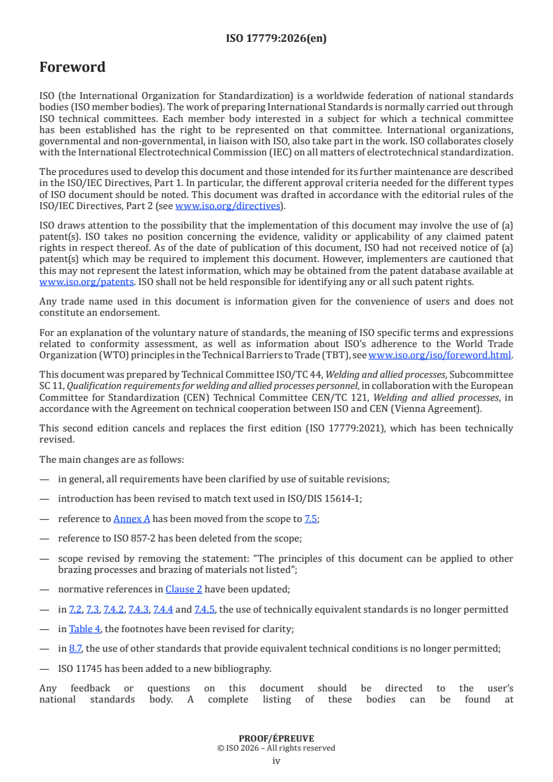 ISO 17779 ISO/PRF 17779 - Brazing — Specification and qualification of brazing procedures for metallic materials - Page 4 preview