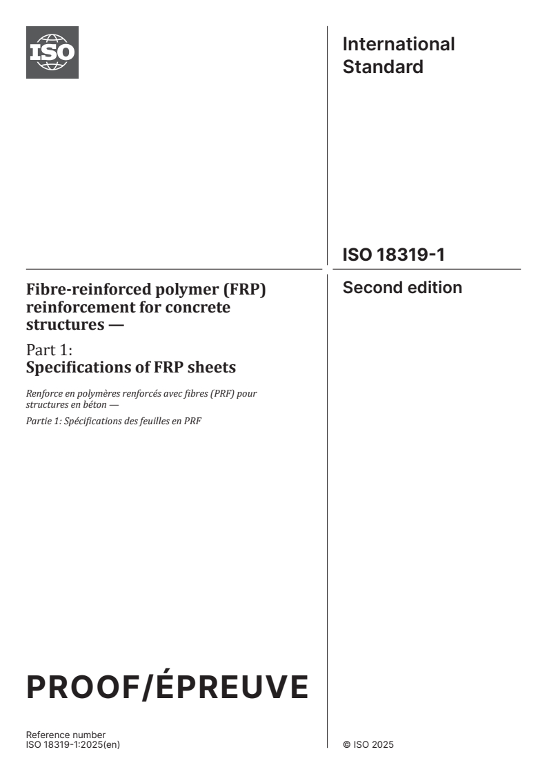 ISO/PRF 18319-1 ISO/PRF 18319-1 - Fibre-reinforced polymer (FRP) reinforcement for concrete structures — Part 1: Specifications of FRP sheets
Released:6. 11. 2025
