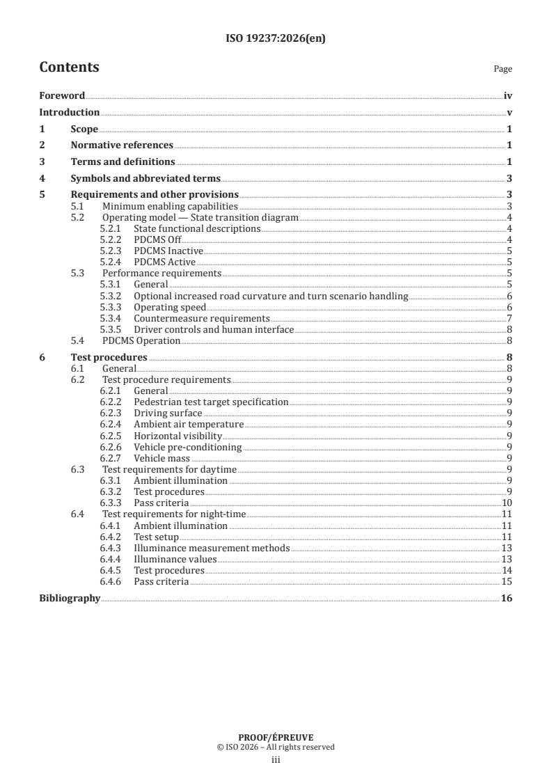 ISO 19237 ISO/PRF 19237 - Intelligent transport systems — Pedestrian detection and collision mitigation systems (PDCMS) — Performance requirements and test procedures - Page 3 preview