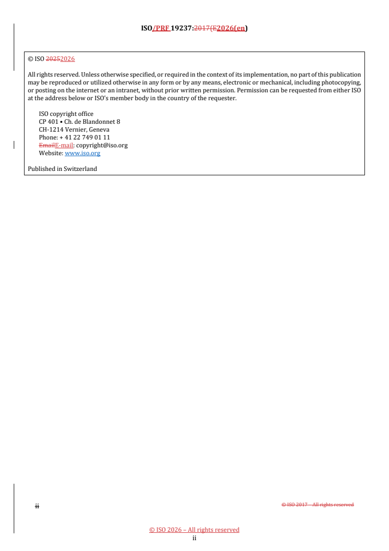 ISO 19237 REDLINE ISO/PRF 19237 - Intelligent transport systems — Pedestrian detection and collision mitigation systems (PDCMS) — Performance requirements and test procedures - Page 2 preview