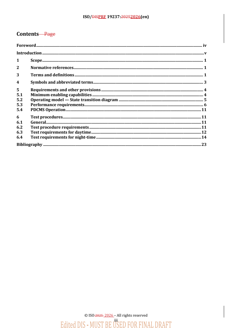 ISO 19237 REDLINE ISO/PRF 19237 - Intelligent transport systems — Pedestrian detection and collision mitigation systems (PDCMS) — Performance requirements and test procedures - Page 3 preview