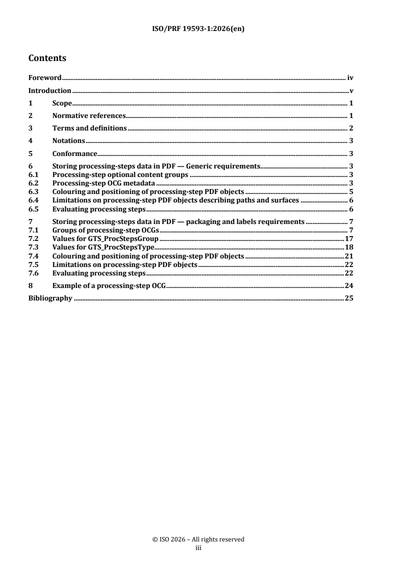 ISO 19593-1 REDLINE ISO/PRF 19593-1 - Graphic technology — Use of PDF to associate processing steps and content data — Part 1: Processing steps for packaging and labels - Page 3 preview