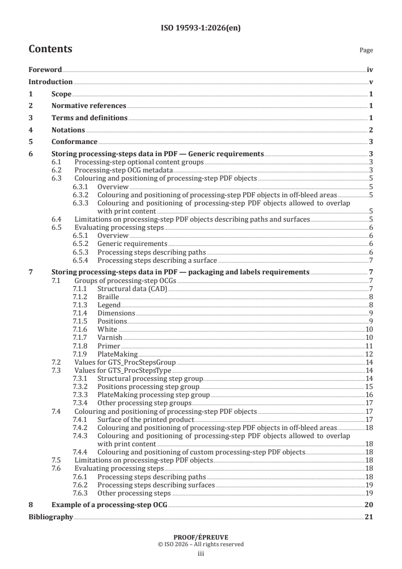 ISO 19593-1 ISO/PRF 19593-1 - Graphic technology — Use of PDF to associate processing steps and content data — Part 1: Processing steps for packaging and labels - Page 3 preview