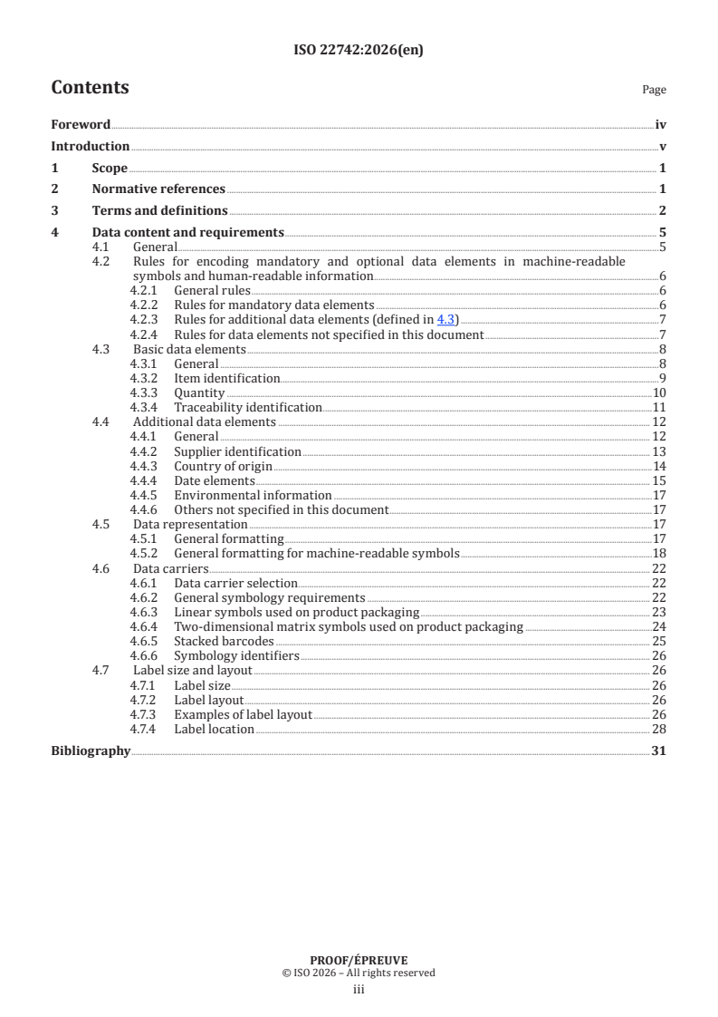ISO 22742 ISO/PRF 22742 - Packaging — Linear bar code and two-dimensional symbols for product packaging - Page 3 preview