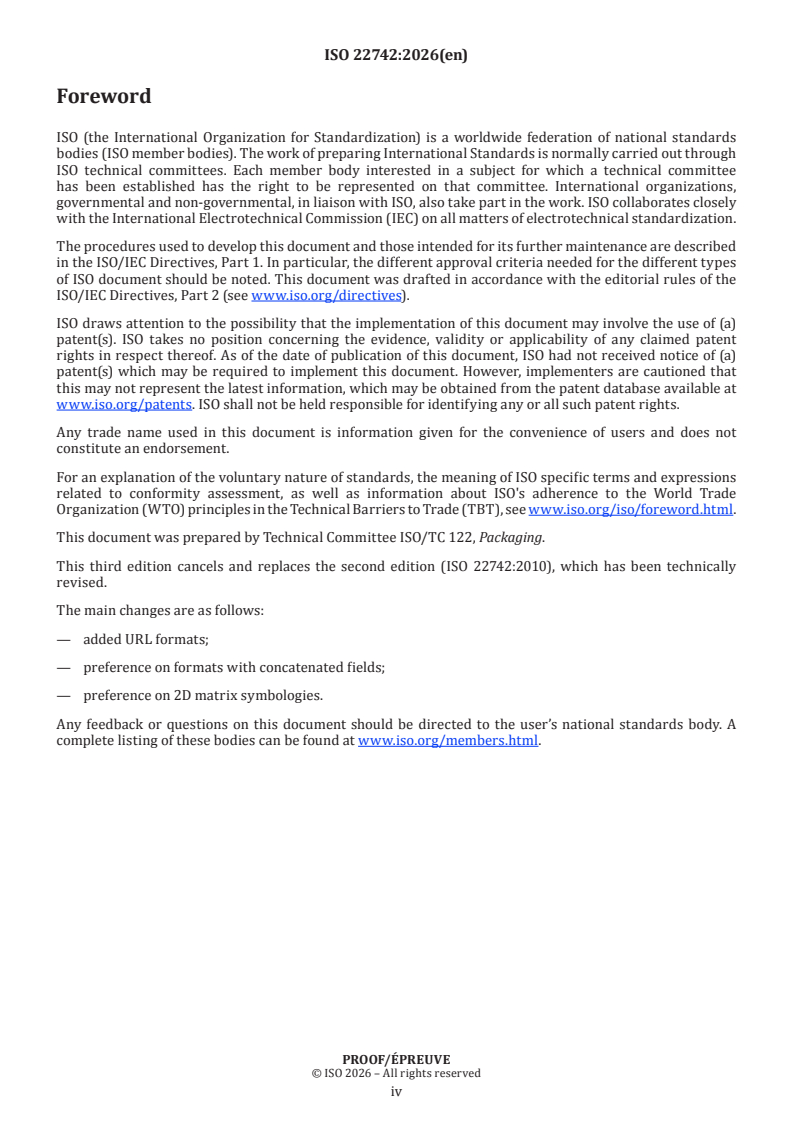 ISO 22742 ISO/PRF 22742 - Packaging — Linear bar code and two-dimensional symbols for product packaging - Page 4 preview