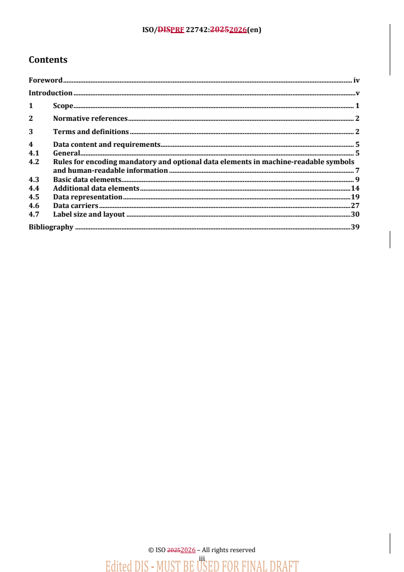 ISO 22742 REDLINE ISO/PRF 22742 - Packaging — Linear bar code and two-dimensional symbols for product packaging - Page 3 preview