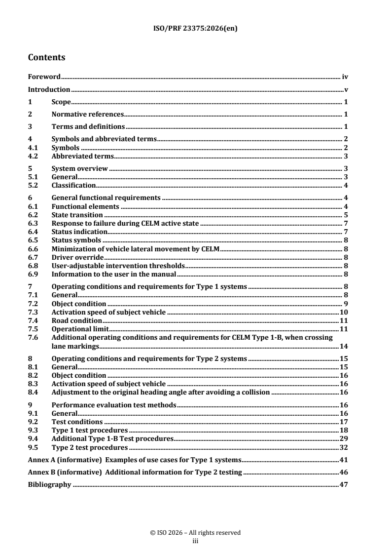 ISO 23375 REDLINE ISO/PRF 23375 - Intelligent transport systems — Collision evasive lateral manoeuvre systems (CELM) — Requirements and test procedures - Page 3 preview