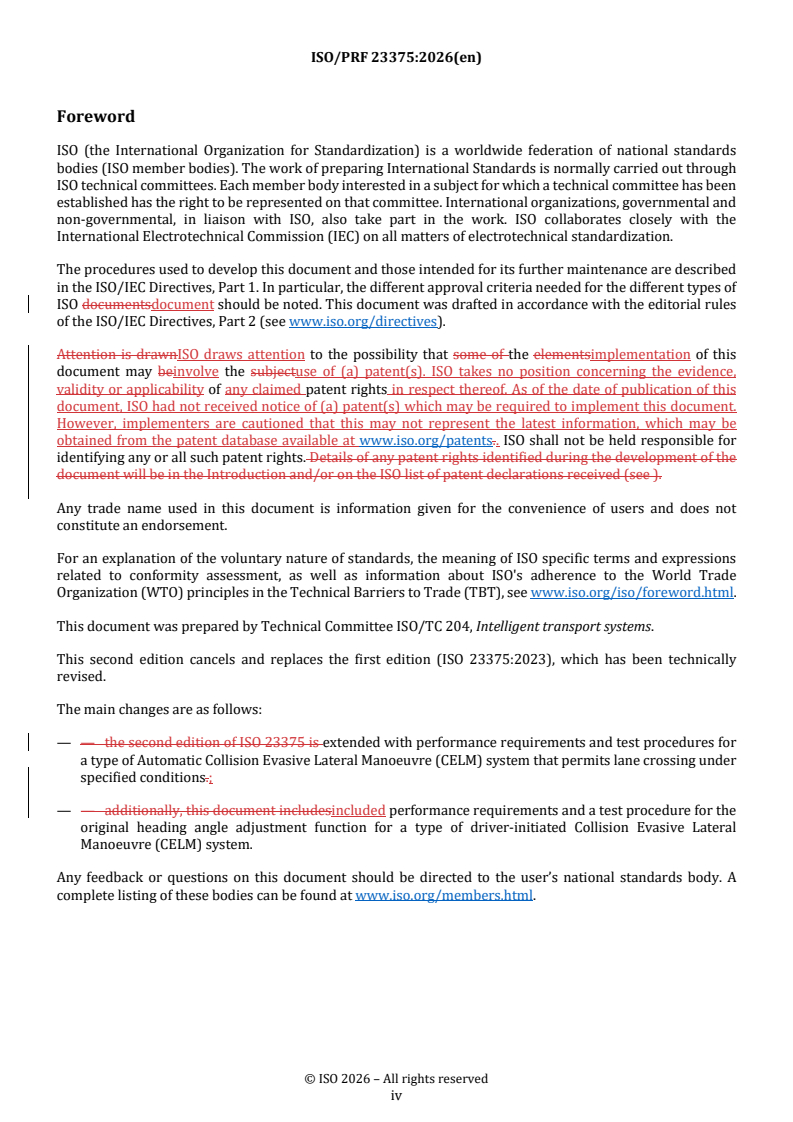 ISO 23375 REDLINE ISO/PRF 23375 - Intelligent transport systems — Collision evasive lateral manoeuvre systems (CELM) — Requirements and test procedures - Page 4 preview