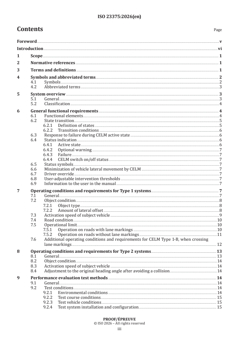 ISO 23375 ISO/PRF 23375 - Intelligent transport systems — Collision evasive lateral manoeuvre systems (CELM) — Requirements and test procedures - Page 3 preview