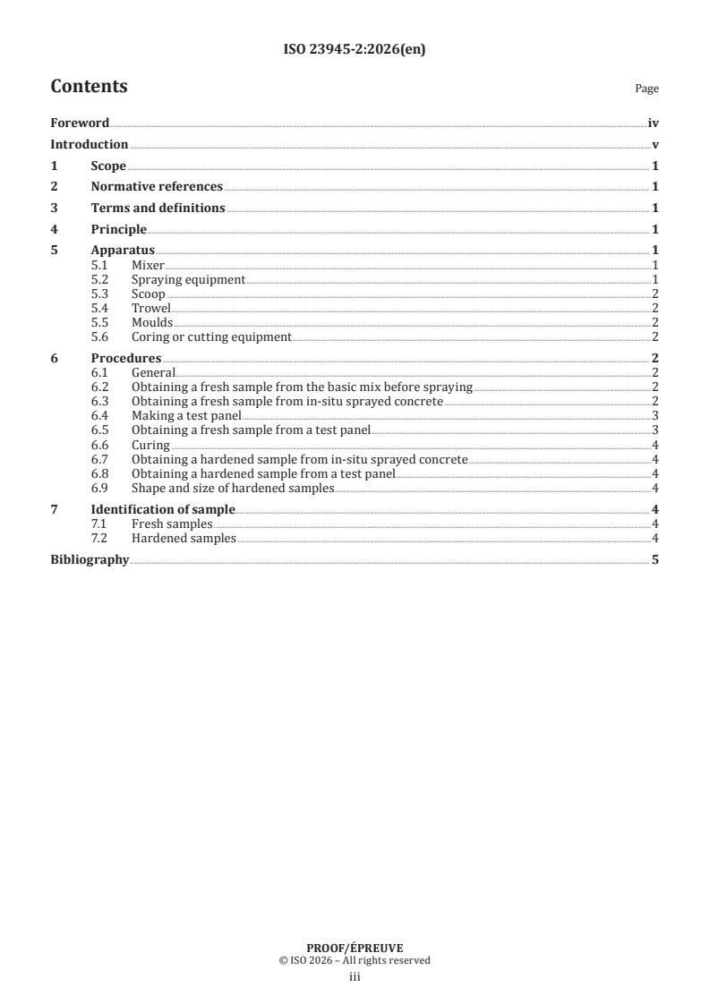 ISO 23945-2 ISO/PRF 23945-2 - Test methods for sprayed concrete — Part 2: Sampling fresh and hardened concrete - Page 3 preview