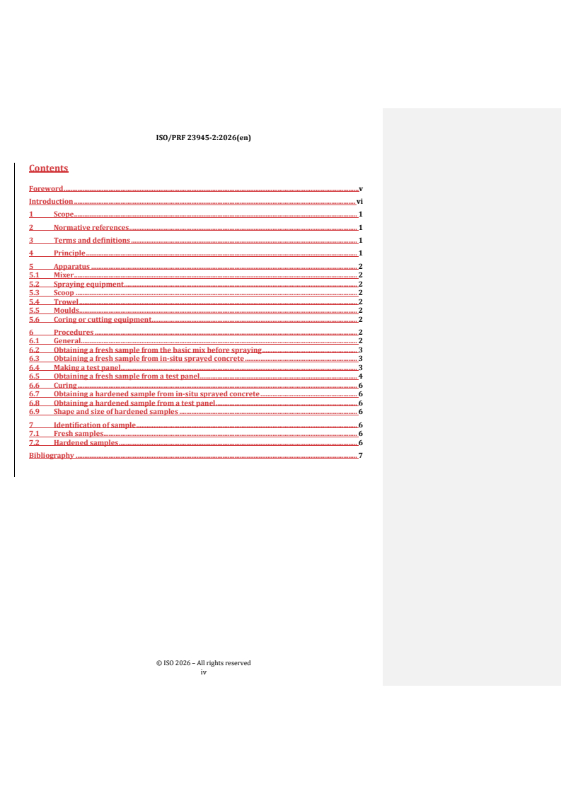ISO 23945-2 REDLINE ISO/PRF 23945-2 - Test methods for sprayed concrete — Part 2: Sampling fresh and hardened concrete - Page 4 preview