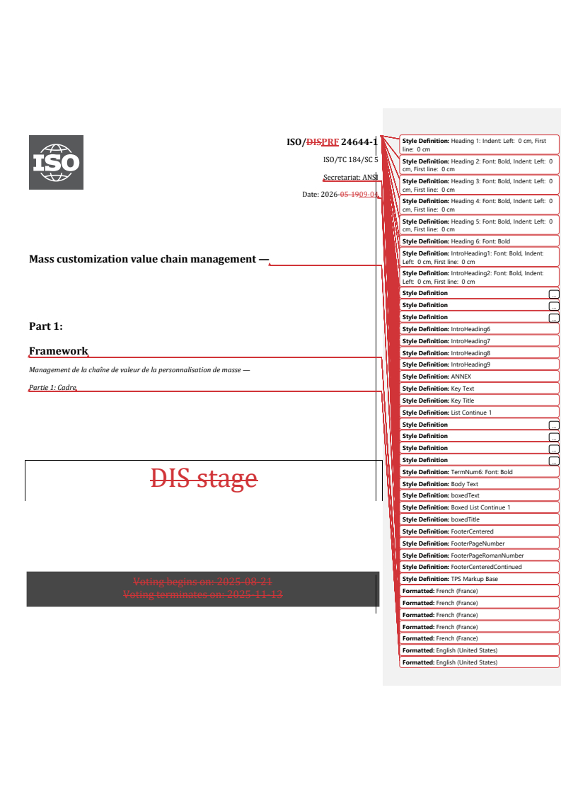 ISO/PRF 24644-1 REDLINE ISO/PRF 24644-1 - Mass customization value chain management — Part 1: Framework - Page 1 preview