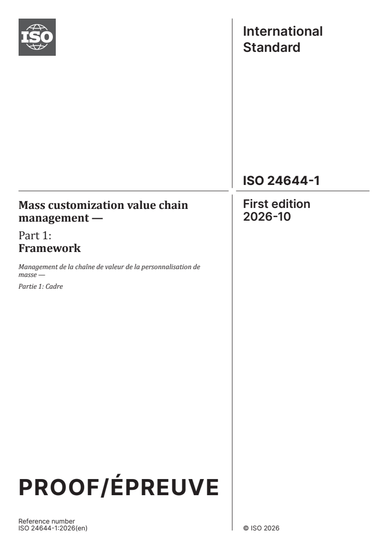 ISO/PRF 24644-1 ISO/PRF 24644-1 - Mass customization value chain management — Part 1: Framework - Page 1 preview