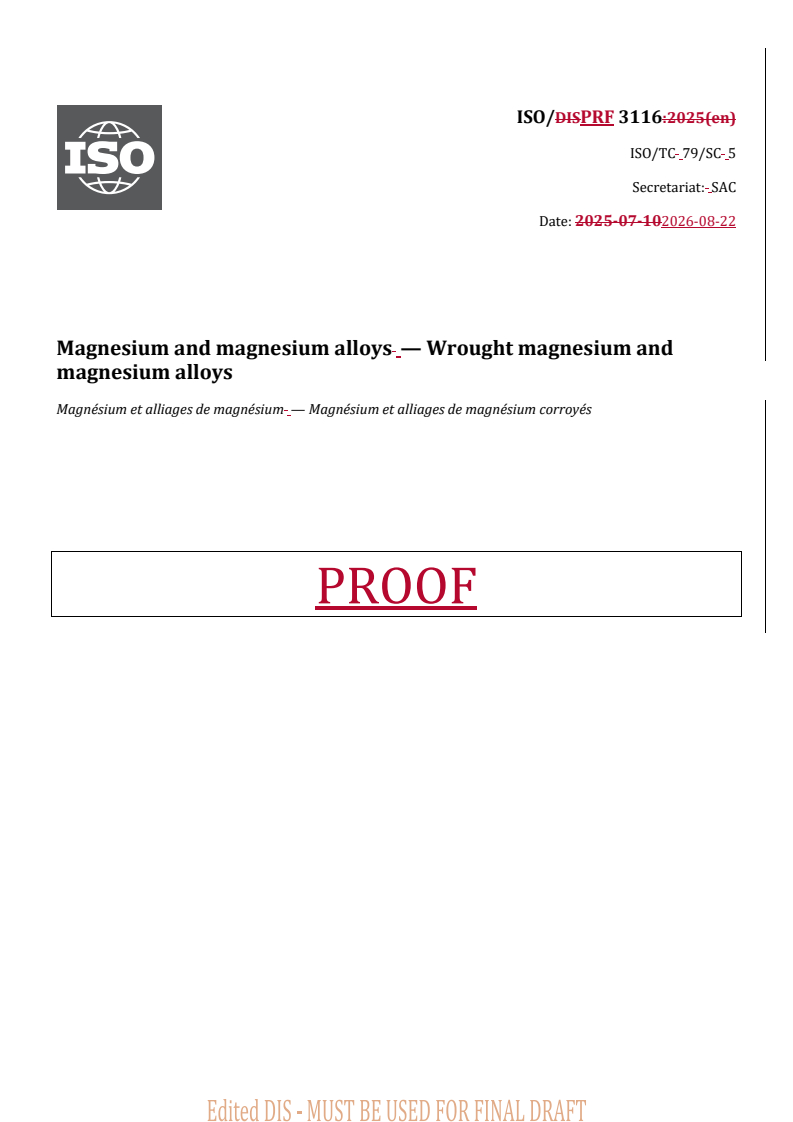 ISO/PRF 3116 REDLINE ISO/PRF 3116 - Magnesium and magnesium alloys — Wrought magnesium and magnesium alloys - Page 1 preview