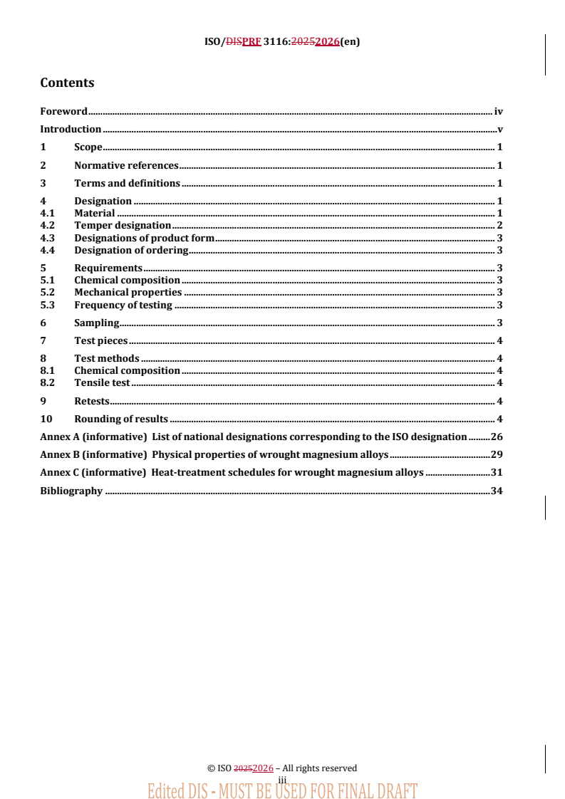 ISO/PRF 3116 REDLINE ISO/PRF 3116 - Magnesium and magnesium alloys — Wrought magnesium and magnesium alloys - Page 3 preview