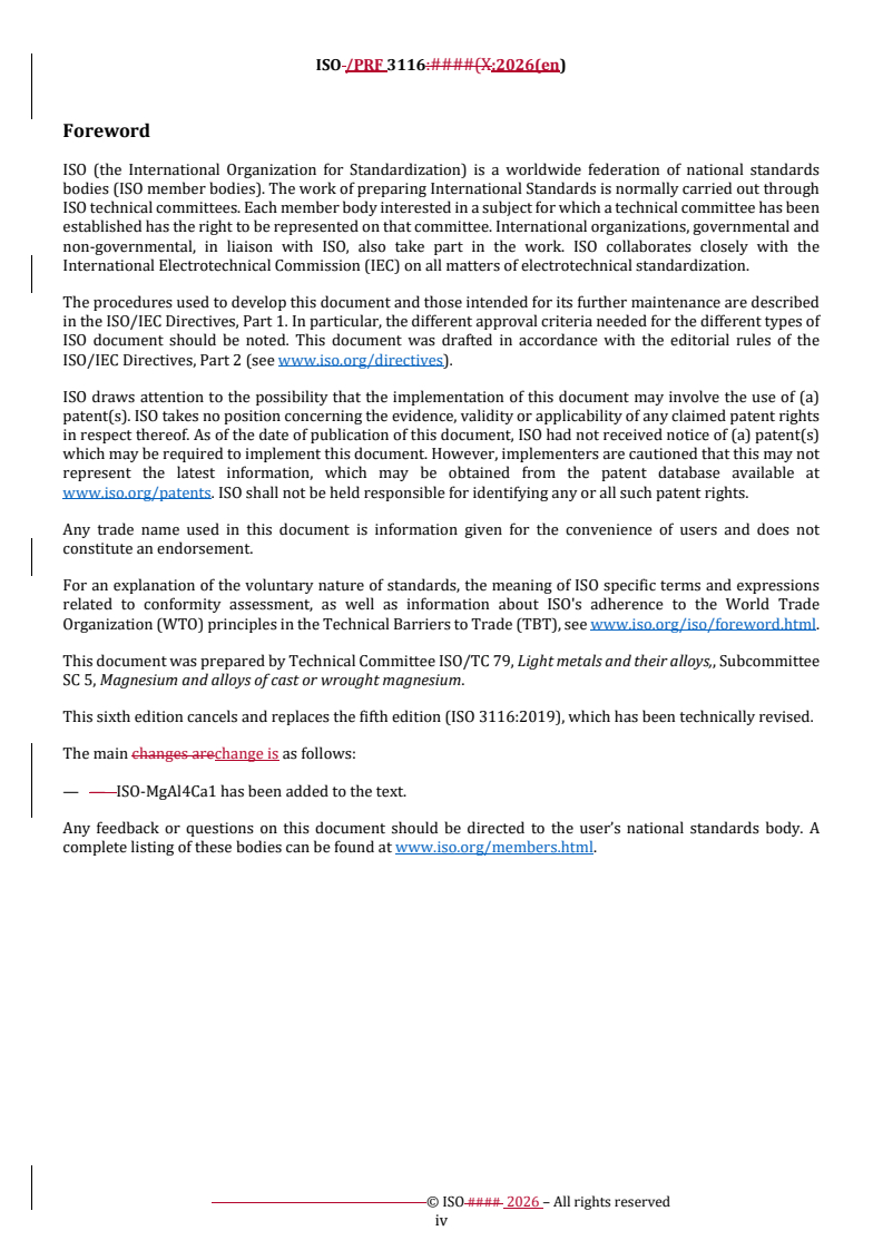 ISO/PRF 3116 REDLINE ISO/PRF 3116 - Magnesium and magnesium alloys — Wrought magnesium and magnesium alloys - Page 4 preview