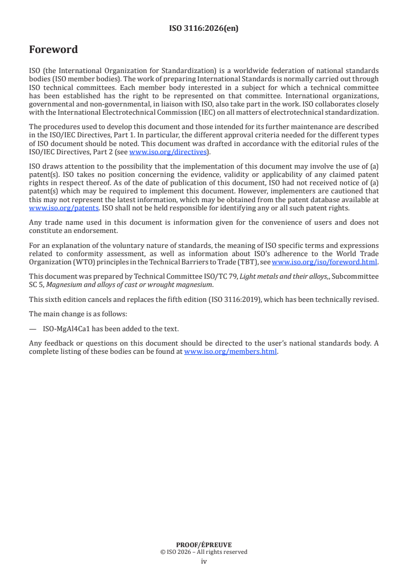 ISO/PRF 3116 ISO/PRF 3116 - Magnesium and magnesium alloys — Wrought magnesium and magnesium alloys - Page 4 preview