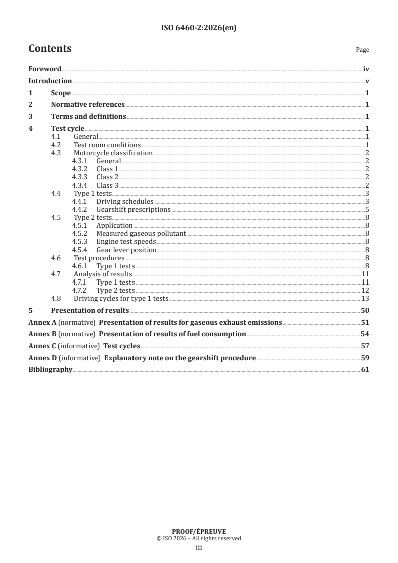 ISO 6460-2 ISO/PRF 6460-2 - Motorcycles — Measurement method for gaseous exhaust emissions and fuel consumption — Part 2: Test cycles and specific test conditions - Page 3 preview