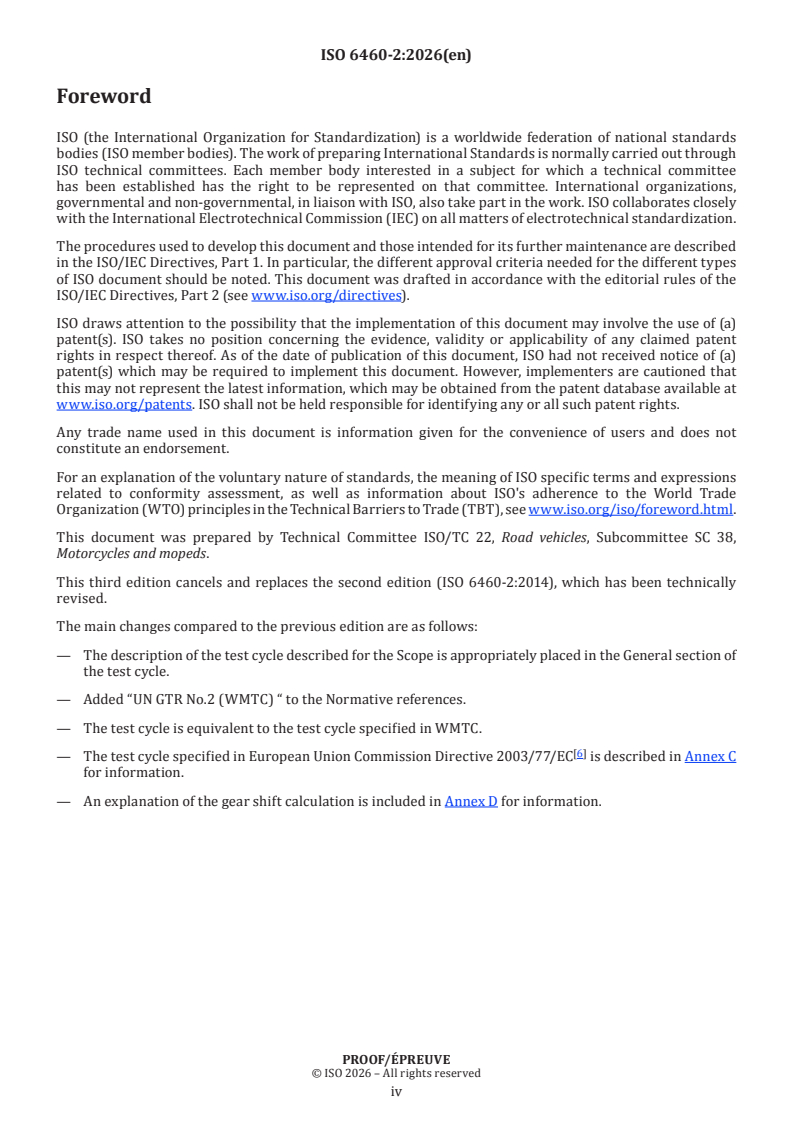 ISO 6460-2 ISO/PRF 6460-2 - Motorcycles — Measurement method for gaseous exhaust emissions and fuel consumption — Part 2: Test cycles and specific test conditions - Page 4 preview