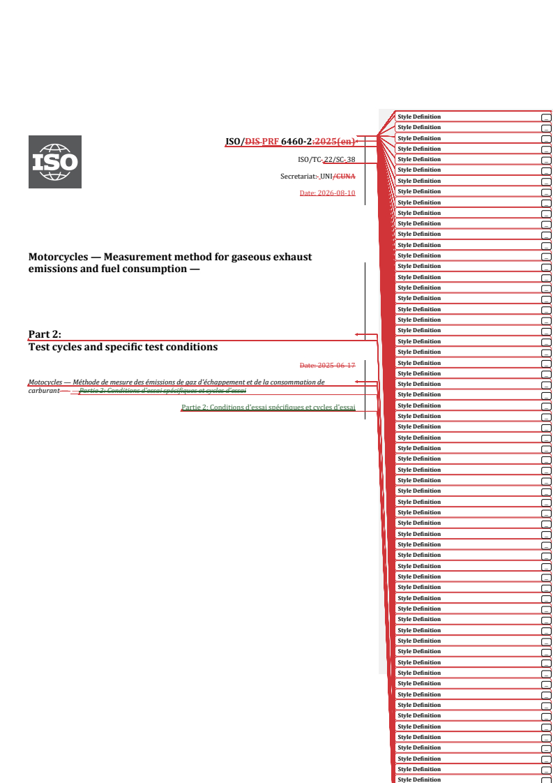 ISO 6460-2 REDLINE ISO/PRF 6460-2 - Motorcycles — Measurement method for gaseous exhaust emissions and fuel consumption — Part 2: Test cycles and specific test conditions - Page 1 preview