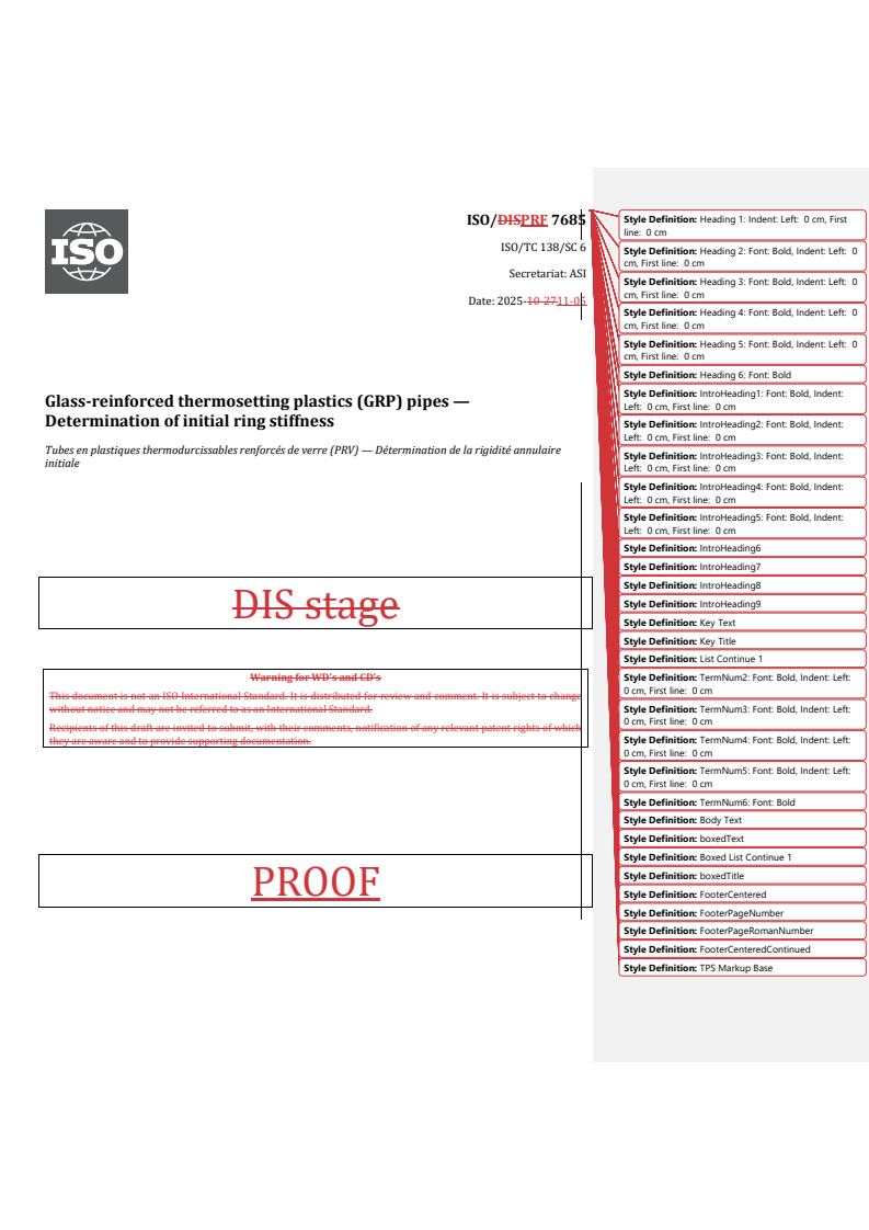ISO 7685 REDLINE ISO/PRF 7685 - Glass-reinforced thermosetting plastics (GRP) pipes — Determination of initial ring stiffness
Released:5. 11. 2025